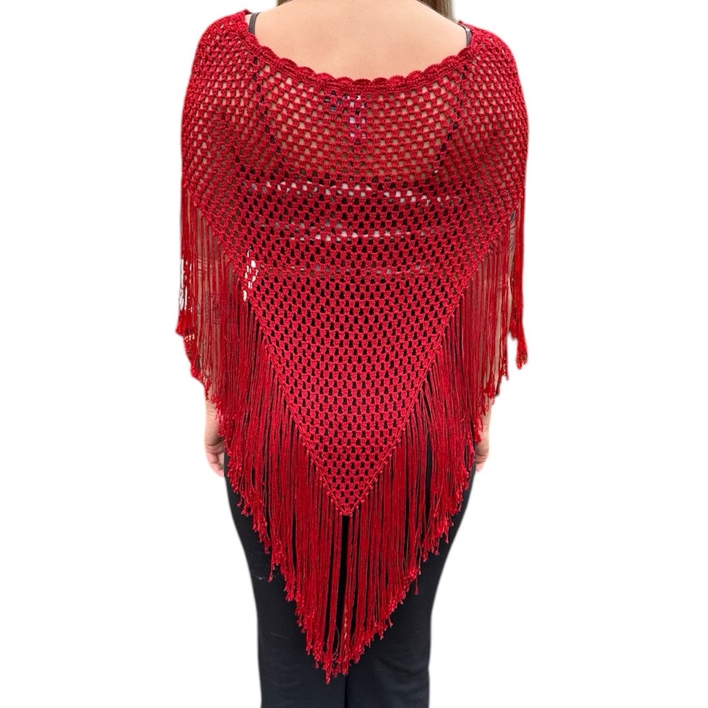 Say What? Red Fringe Crochet Poncho One Size